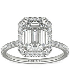 铂金 Blue Nile Studio 祖母绿形切割女继承人光环钻石订婚戒指（1/2 克拉总重量）